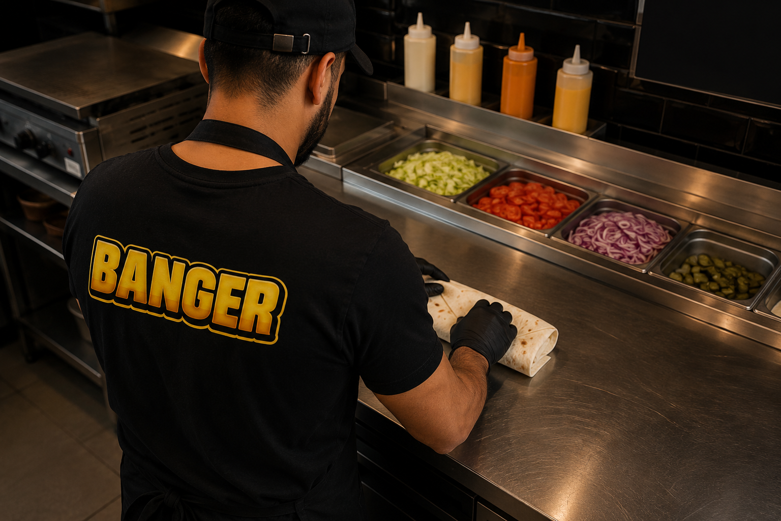 Équipe BANGER préparant un tacos en cuisine